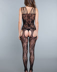 Floral Detail & Crisscross Cut Out Crotchless Bodystocking
