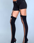 Lace Up Illusion Opaque Thigh Highs With Attached Garter