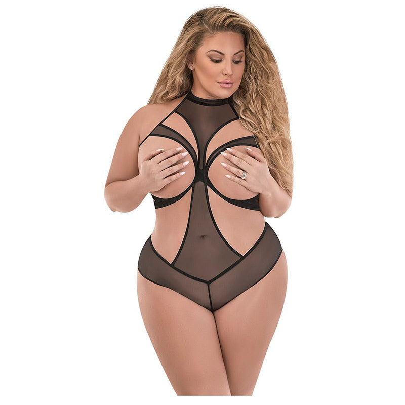 Forever Mesh Cupless And Crotchless Halter Teddy with Split Back