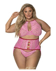 Tickled Pink High Neck Bra, Gartered Waist Cincher And Thong Set