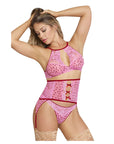 Tickled Pink High Neck Bra, Gartered Waist Cincher And Thong Set