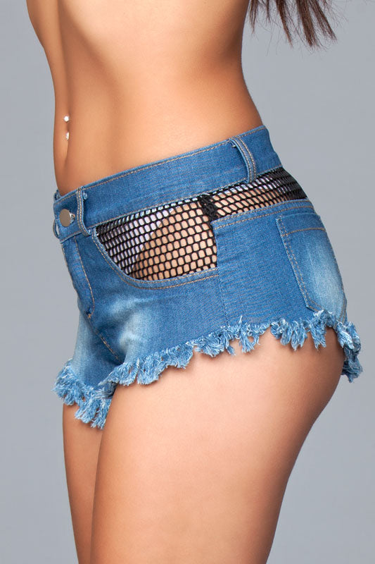 Denim Shorts With Fishnet Cutout