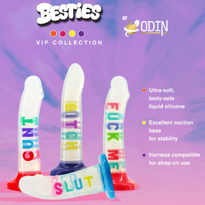 Sexual product with colorful text on a purple and pink gradient background, featuring the brand 'ODIN'.