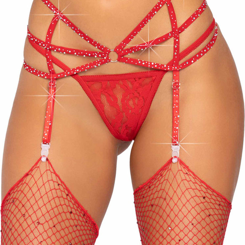 Leg Avenue - Strappy Elastic Rhinestone Garter Belt With O-Ring