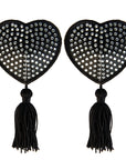 Black Satin Heart White Stone & Tassel Pasties