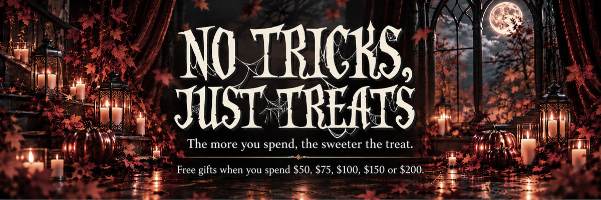 A Halloween-themed promotional banner with the text 'NO TRICKS, JUST TREATS' in large white gothic lettering. The background shows a dark forest scene at night with candles, lanterns, autumn leaves, and a full moon.