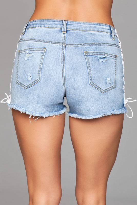Light Wash Denim Shorts With Lace Up Side