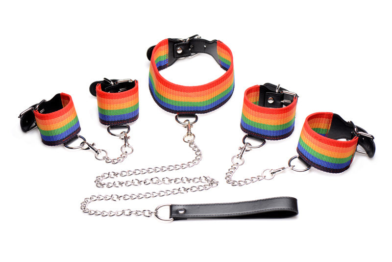 Kinky Pride Rainbow Bondage Set - Wrist &amp; Ankle Cuffs &amp; Collar WithLeash